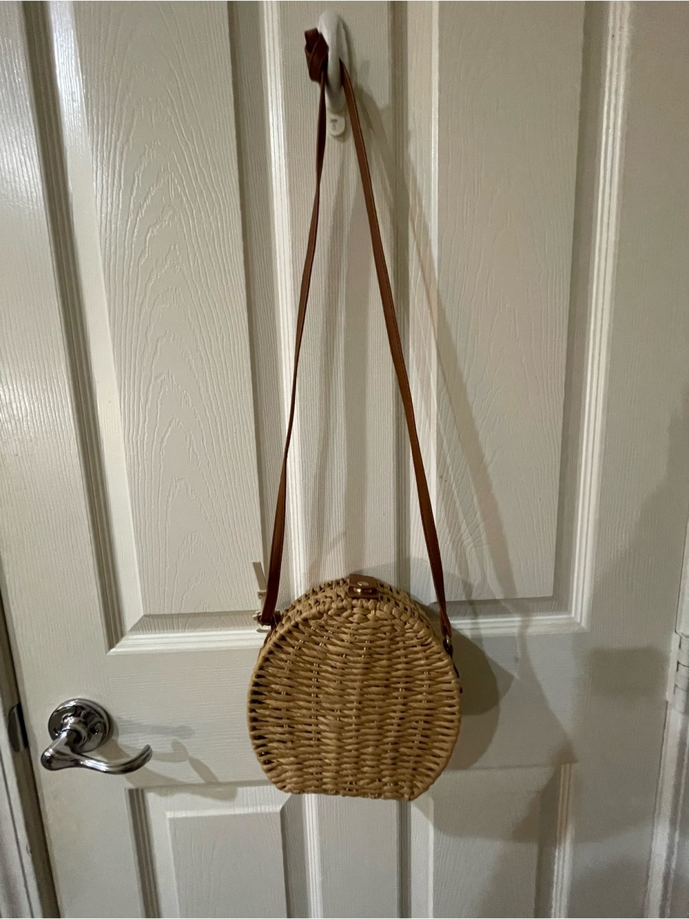 Woven Rattan Round Crossbody Bag in Natural Brown